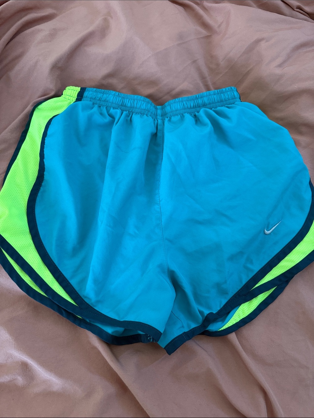 Nike Women's Teal Athletic Shorts with Neon Yellow Accents